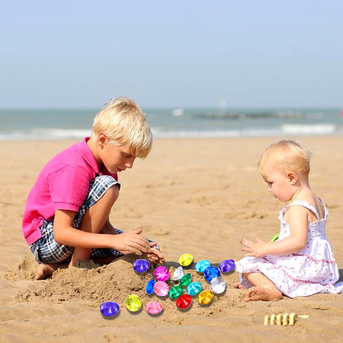 XIJUAN Diving gem Pool Toys Sand Toys,14Colorful Diamond Treasure Chest Summer Swimming gems Pirate Diving Toy Set Underwater Swimming toyChildren's Game Gifts for Boys and Girls(Silver White)