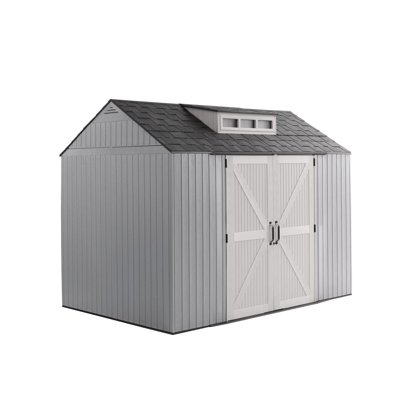 Rubbermaid Grand abri de rangement extérieur en résine, 10,5 x 7 pi, gris, avec un espace important pour la maison/jardin/arrière-cour/équipement de pelouse 7'x10'
