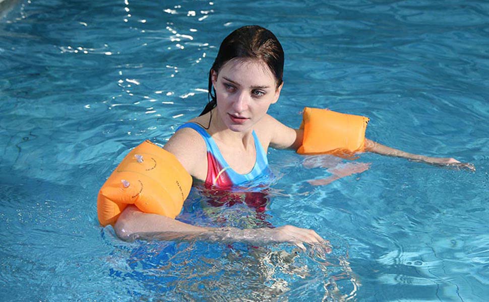 Inflatable Arm Swimming Floats Bands Floatation Water Wings Swimming Arm Ring Floatie for Children and Adults Orange