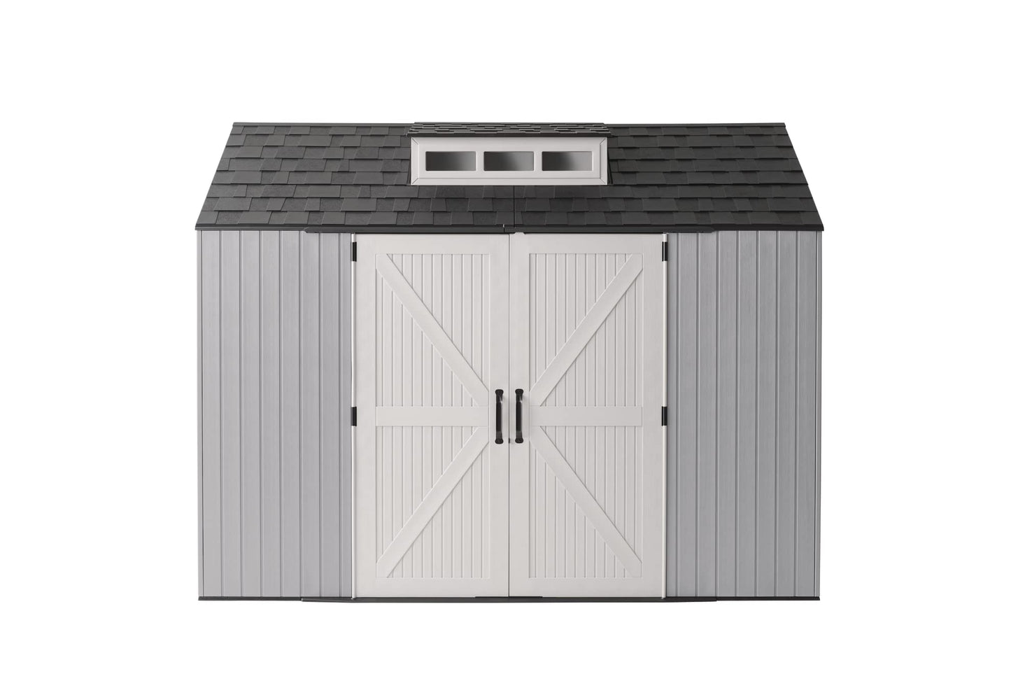 Rubbermaid Grand abri de rangement extérieur en résine, 10,5 x 7 pi, gris, avec un espace important pour la maison/jardin/arrière-cour/équipement de pelouse 7'x10'