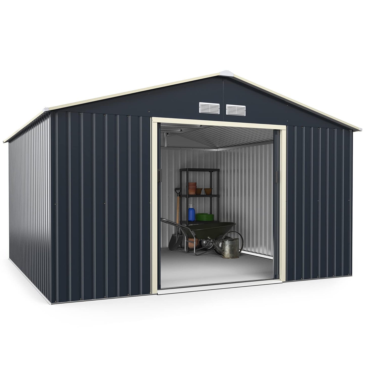 Goplus Abri de rangement en métal 11' X 10' Organisateur de bâtiment extérieur avec 4 aérations et double porte coulissante pour jardin, arrière-cour, ferme (11' X 10') 11' X 10'