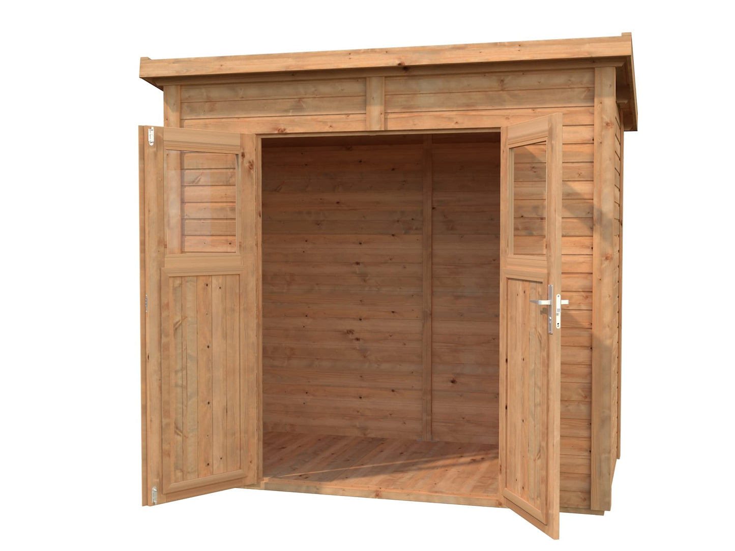 Leisure Season Urbano Kit d'abri de jardin moderne résistant aux intempéries avec sol, portes, fenêtres en plexiglas, toit en pente – Kit d'abri de jardin en bois d'épicéa nordique – Marron moyen, 2,4 x 1,2 m (URB8X47853)