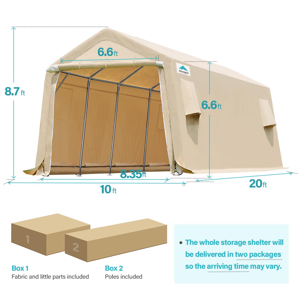 ADVANCE OUTDOOR 10X20 ft Carport Heavy Duty Outdoor Patio Anti-Snow Portable Canopy Storage Shelter Shed with 2 Rolled up Zipper Doors & Vents for Snowmobile Garden Tools, Beige (8808BY-3) 10'x20'