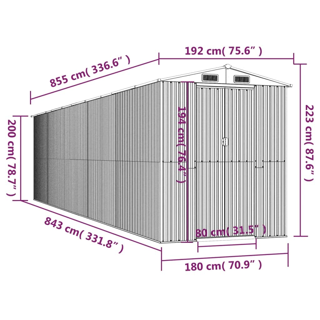 Gecheer Abri de jardin en acier galvanisé, abri de rangement pour outils de jardin avec évent, abri de rangement extérieur, maison de rangement avec porte pour jardin, patio, pelouse – Gris clair 75,6" x 336,6" x 87,8" 75,6 x 336,6 x 87,8