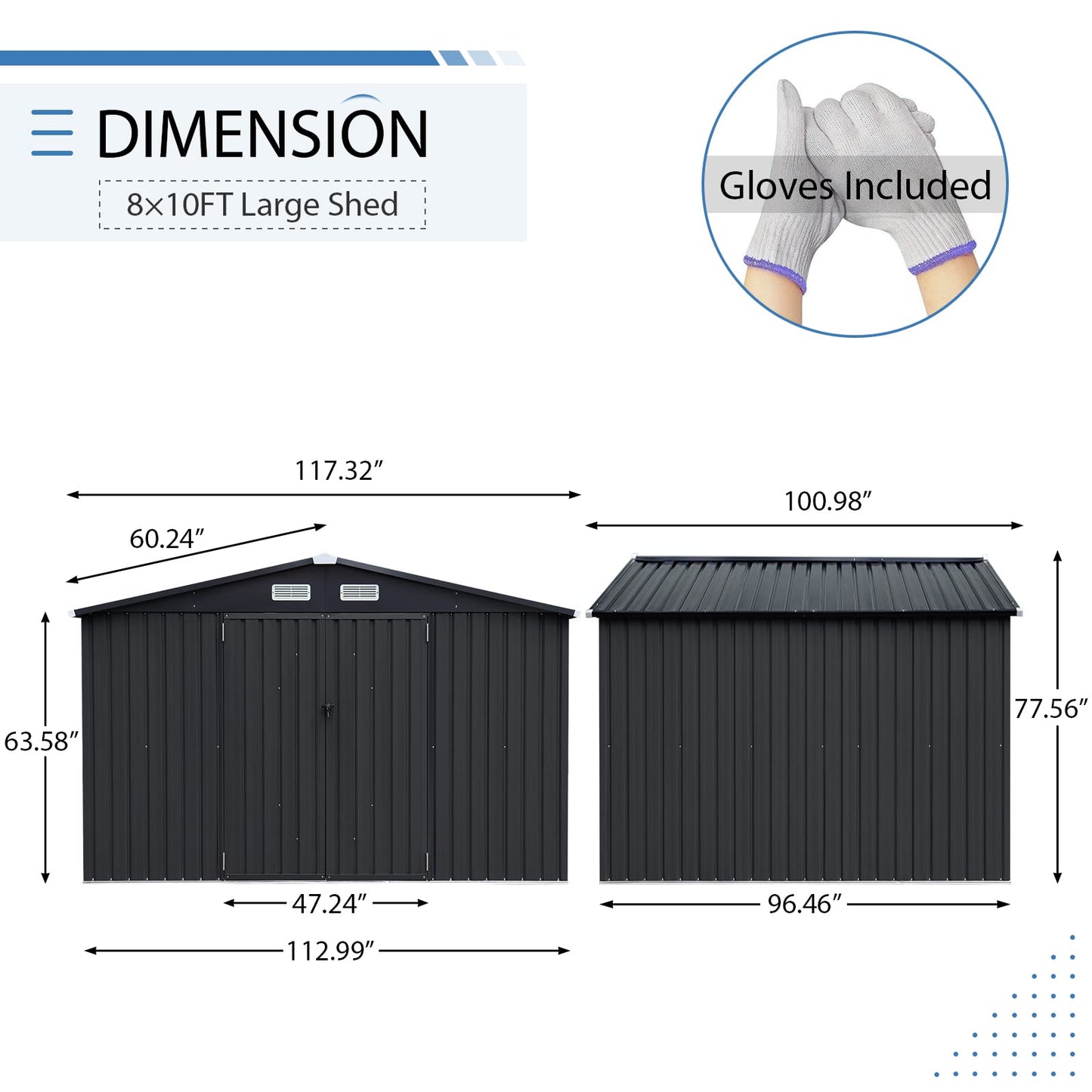 Verano Garden Abri de rangement extérieur de 2,4 x 3 m, grand abri de jardin en acier galvanisé, double porte avec serrure, maison de rangement extérieur pour jardin, patio, pelouse 2,4 x 3 m, noir
