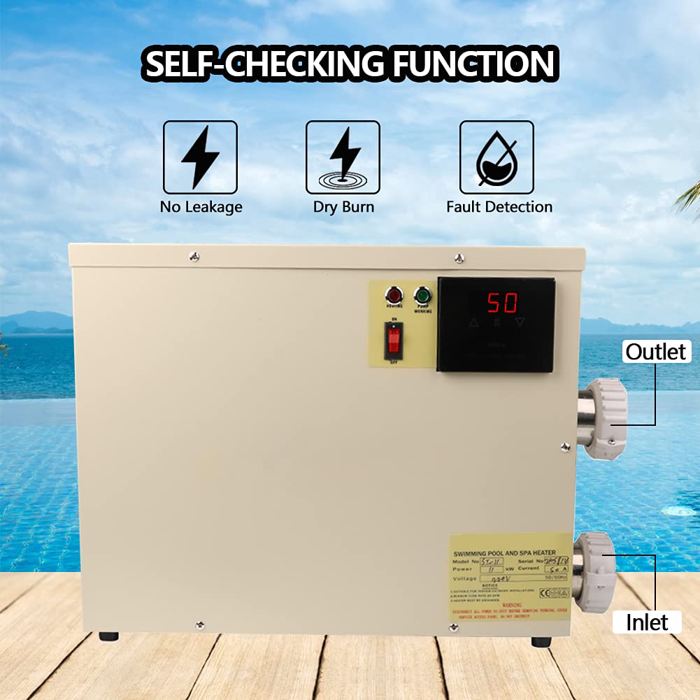 ExGizmo 11KW 240V Electric Water Heater Thermostat Swimming Pool Heater SPA Hot Tub for Above Ground Inground Pool Hot Tub Heater Pump with Digital Display Touch Screen Control White(11KW 240V)