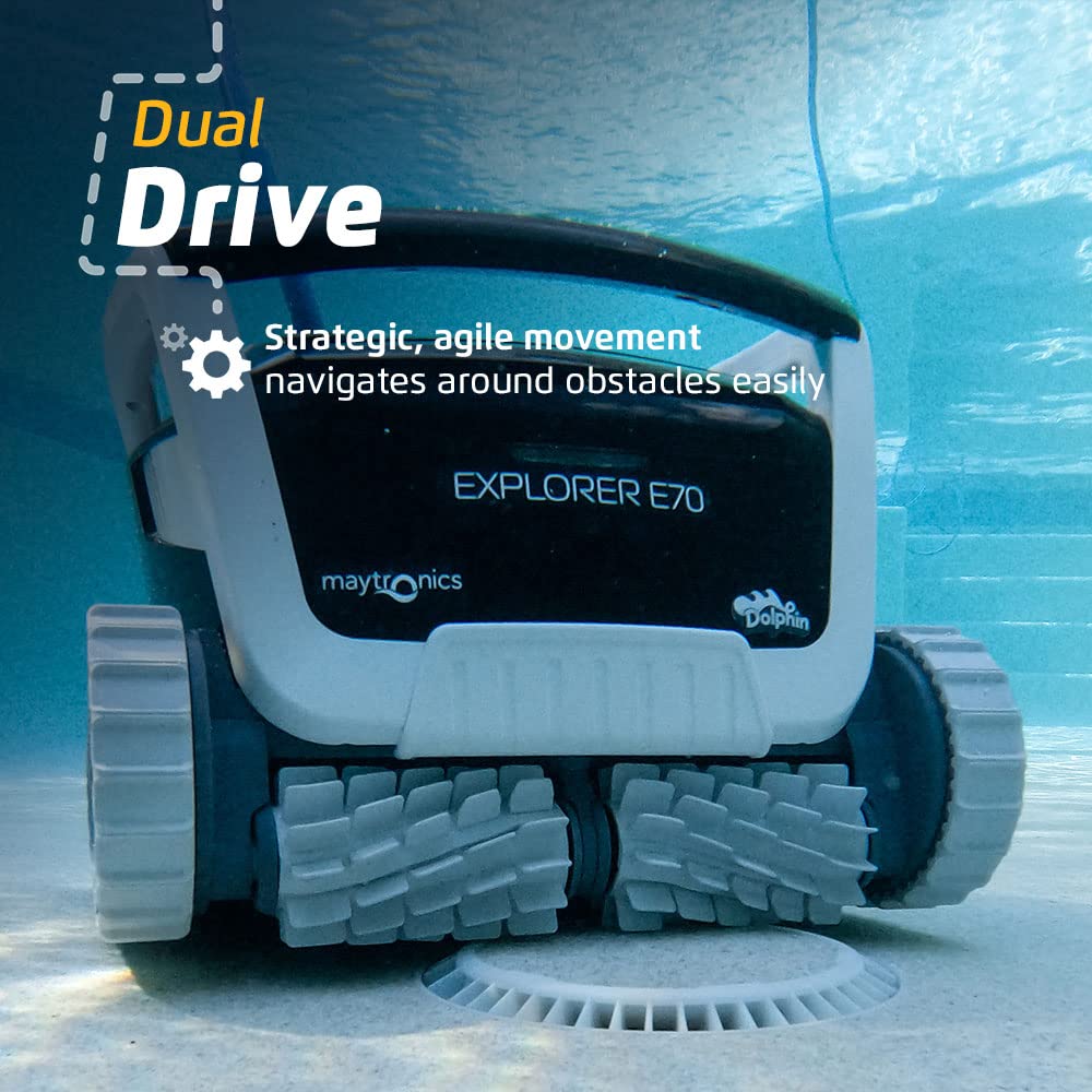 Dolphin Explorer E70 Robotic Pool Vacuum Cleaner with Wi-Fi Control — Included Universal Caddy for No-Hassle Storage — Ideal for All Pool Types up to 50 FT in Length