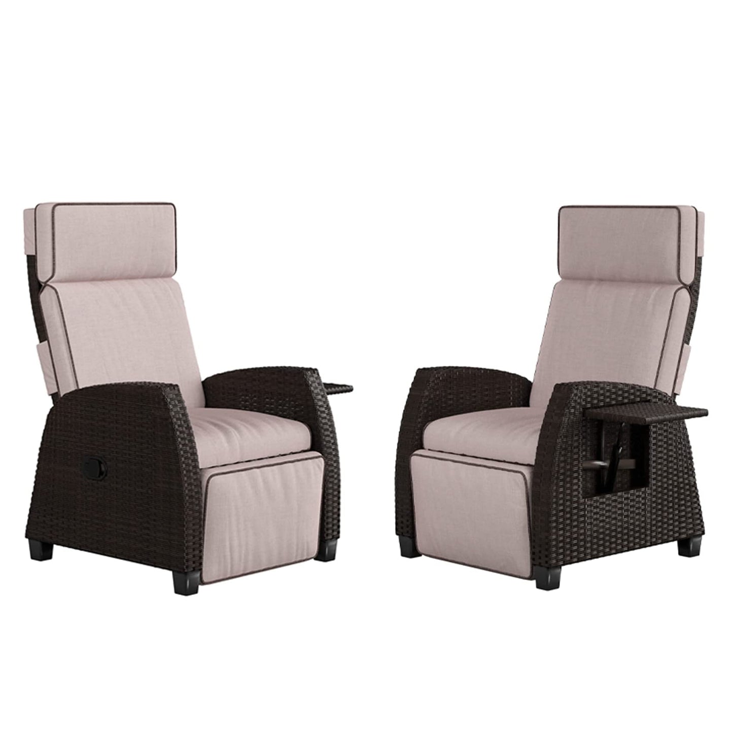 Grand patio Outdoor Recliners Set of 2 Patio Recliner Chair, All-Weather Wicker Reclining Patio Chairs, Flip-up Side Table, Recliner Chair, Flax Beige 2pcs 2 PCS