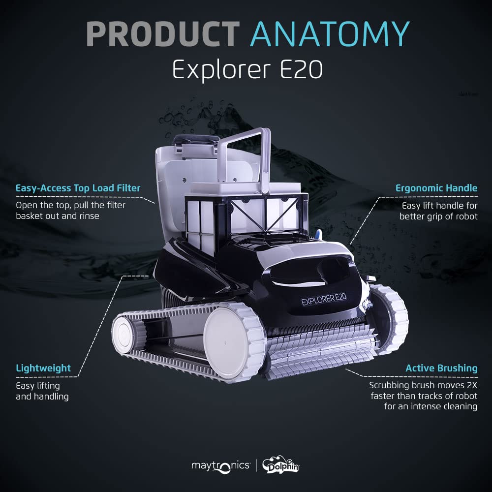 Dolphin Explorer E20 Robotic Pool Vacuum Cleaner — Powerful Wall Climbing Capability for an Ultimate Clean — Powerful Active Scrubbing Brush — Ideal for All Pool Types up to 33 FT in Length
