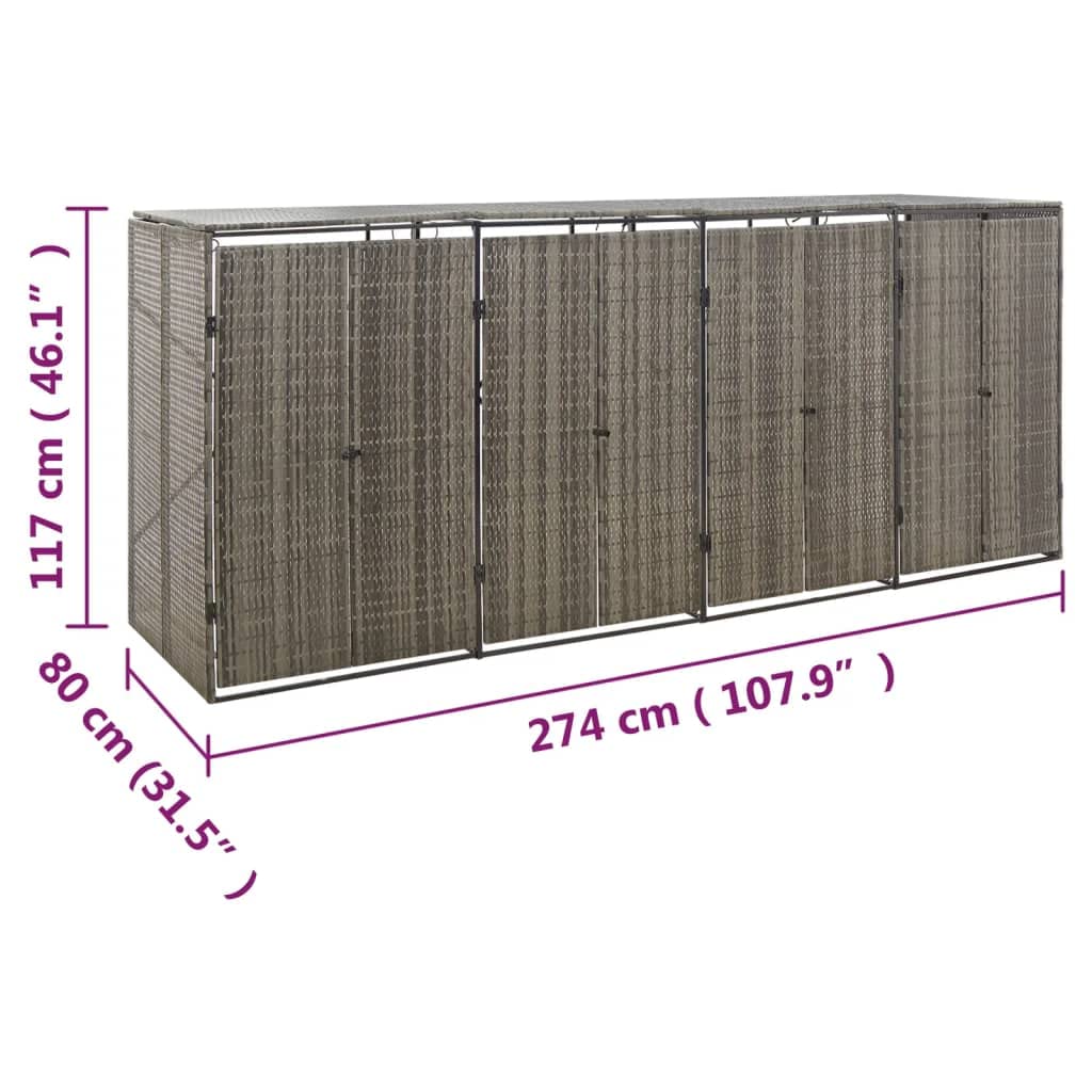 vidaXL Cache-poubelle quadruple en polyrotin gris 274 x 80 x 117 cm Gris