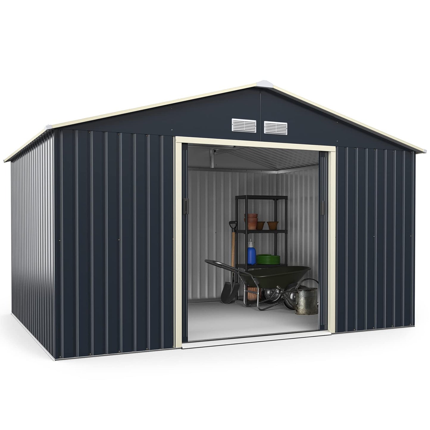 Goplus Abri de rangement en métal 11' X 8' Organisateur de bâtiment extérieur avec 4 aérations et double porte coulissante pour jardin, arrière-cour, ferme (11' X 8') 11' X 8'