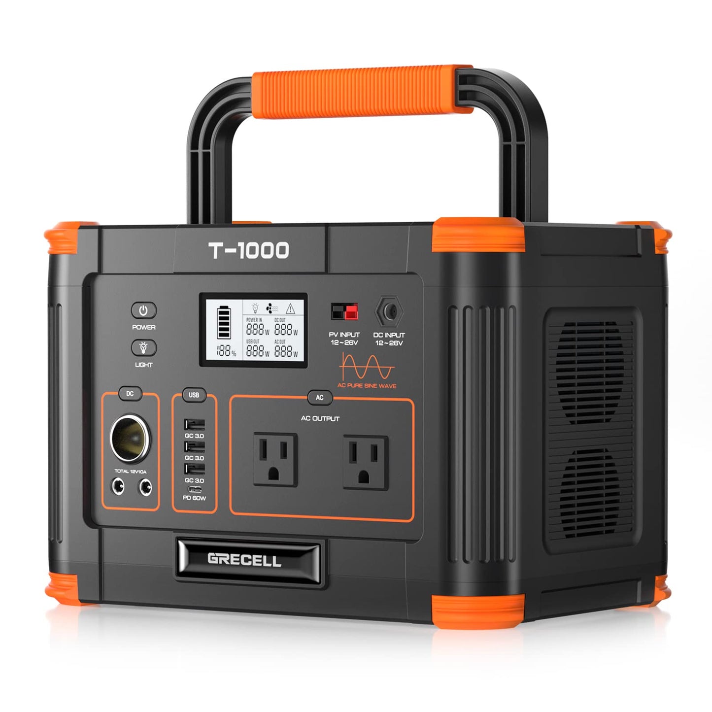 GRECELL 999Wh Solar Generator 1000W, Portable Power Station with 60W USB-C PD Output