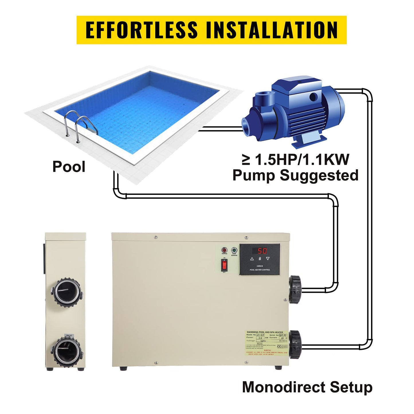 VEVOR Electric Pool Heater 11KW 240V Swimming Pool Electric Heater Water Bath Heater Electric Digital fit for Thermostat, fit for Max 1981 Gallon Pool Equipment,Note:You Must Wire This Item Yourself 11KW 224V