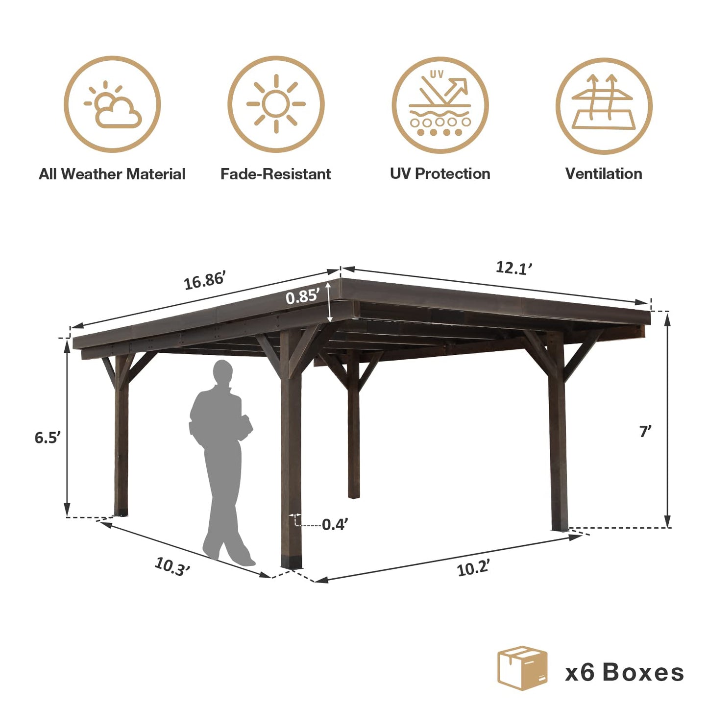 U-MAX 17x12ft Wooden Carport Garage Outdoor Gazebo Wooden Pergola for Backyard, Coffee