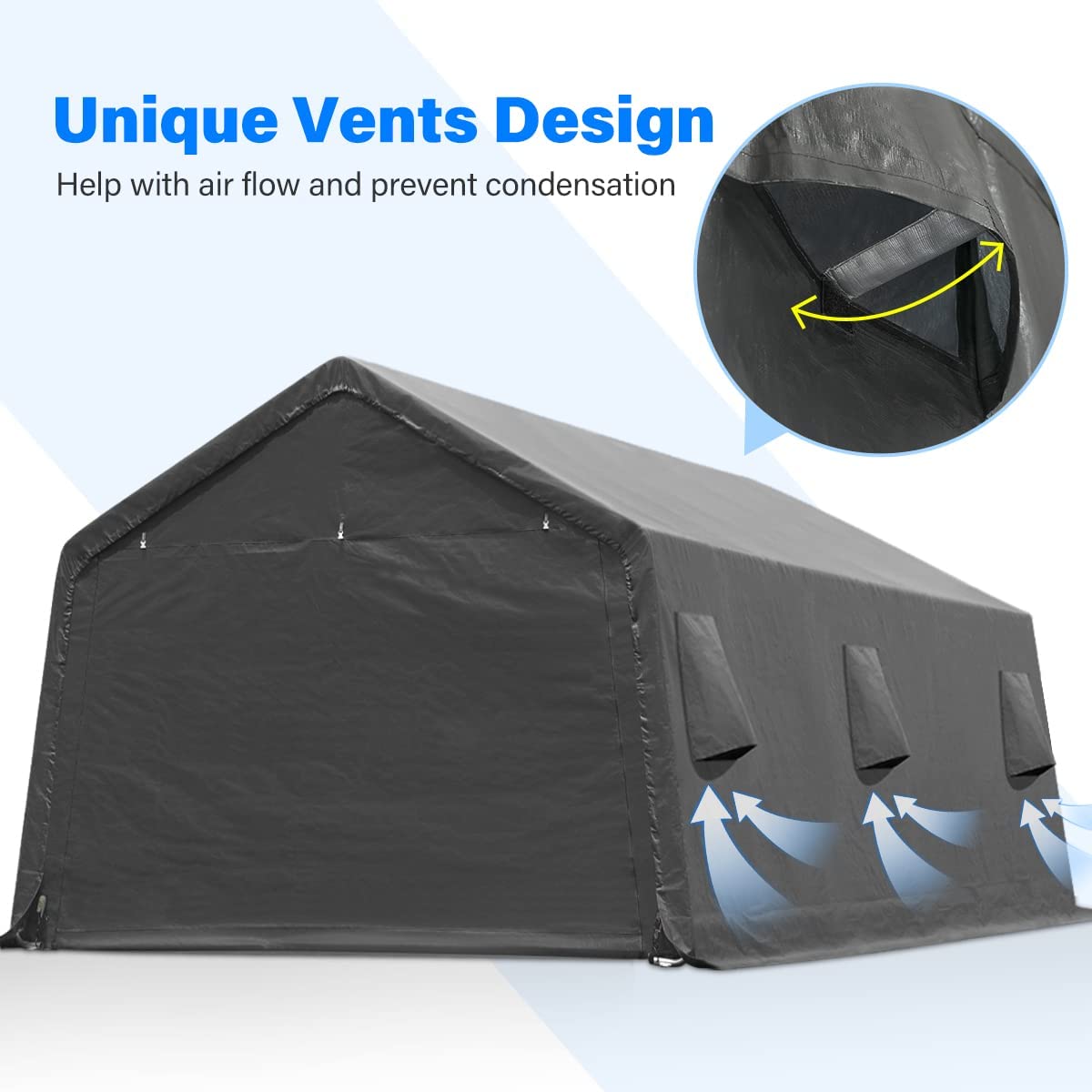 ADVANCE OUTDOOR Tente de garage de 4,3 x 6,1 m avec 2 portes enroulables et aérations, abri de rangement extérieur portable pour véhicule, camion, bateau, anti-UV, résistant à la neige, imperméable, gris (8809DGY) 13' x 20' gris foncé