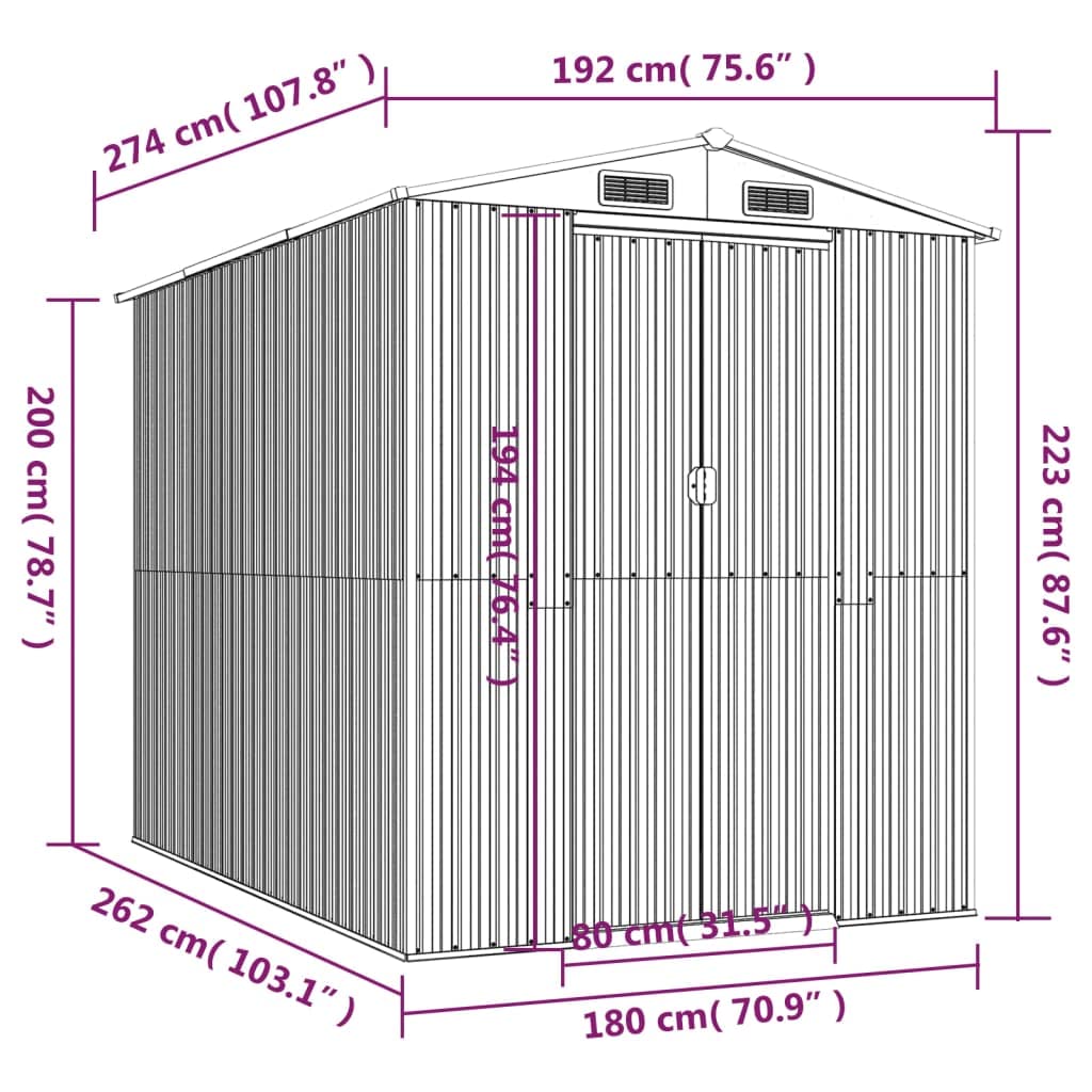 Gecheer Abri de jardin en acier galvanisé, abri de rangement pour outils de jardin avec évent, abri de rangement extérieur pour organiser la maison de rangement avec porte pour jardin, patio, pelouse – Anthracite 75,6" x 107,9" x 87,8" 75,6 x 107,9 x 87,8