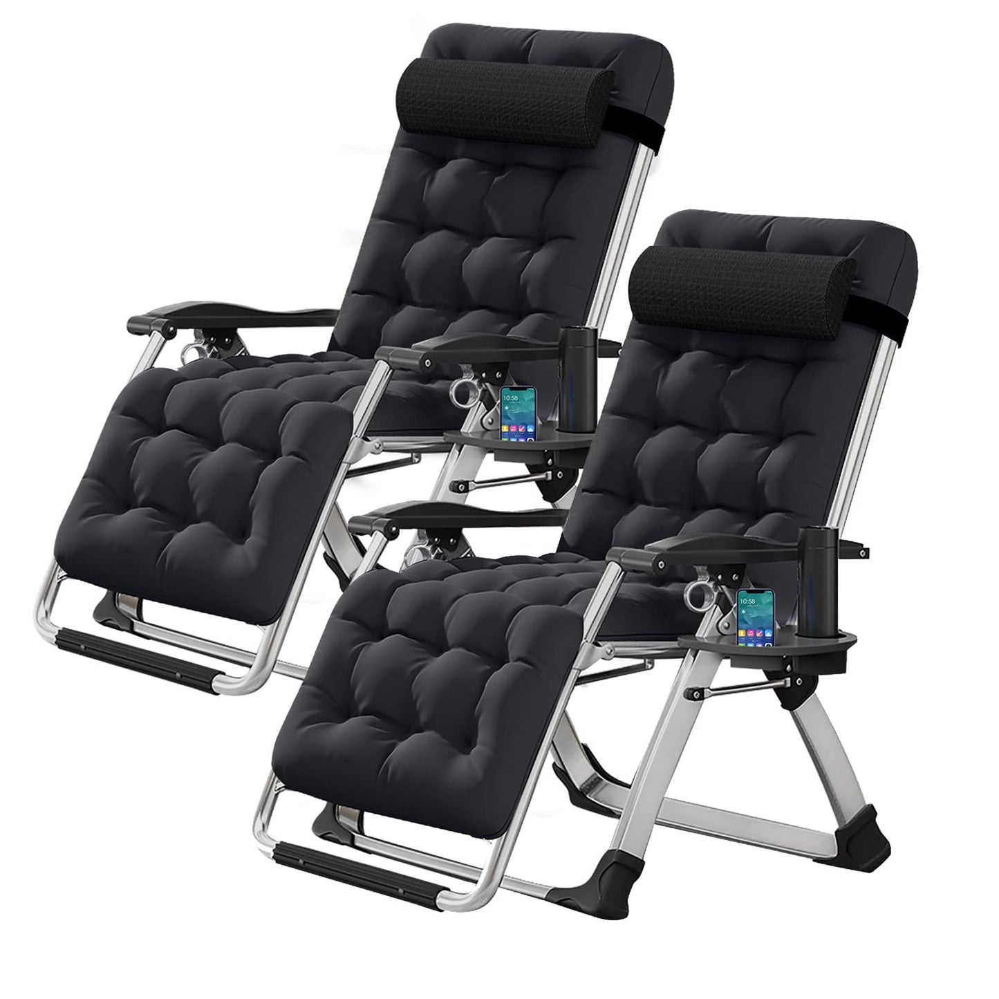 Zero Gravity Chair, Lawn Recliner, Reclining Patio Lounger Chair, Folding Portable Chaise with Detachable Soft Cushion, Cup Holder, Headrest Comfort Black Zero Gravity Chair-2Pack