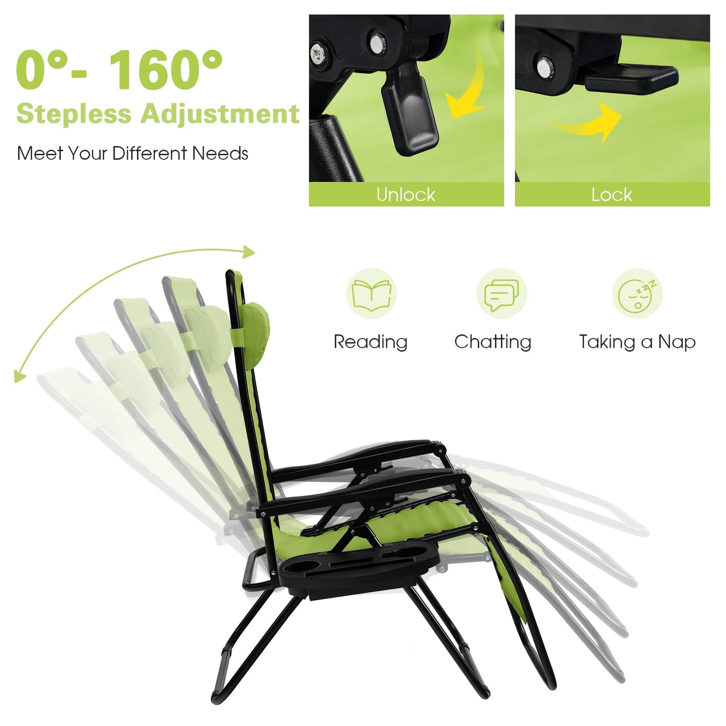 Goplus Zero Gravity Chair, Adjustable Folding Reclining Lounge Chair with Pillow and Cup Holder, Patio Lawn Recliner for Outdoor Pool Camp Yard (1, Green) set of 1