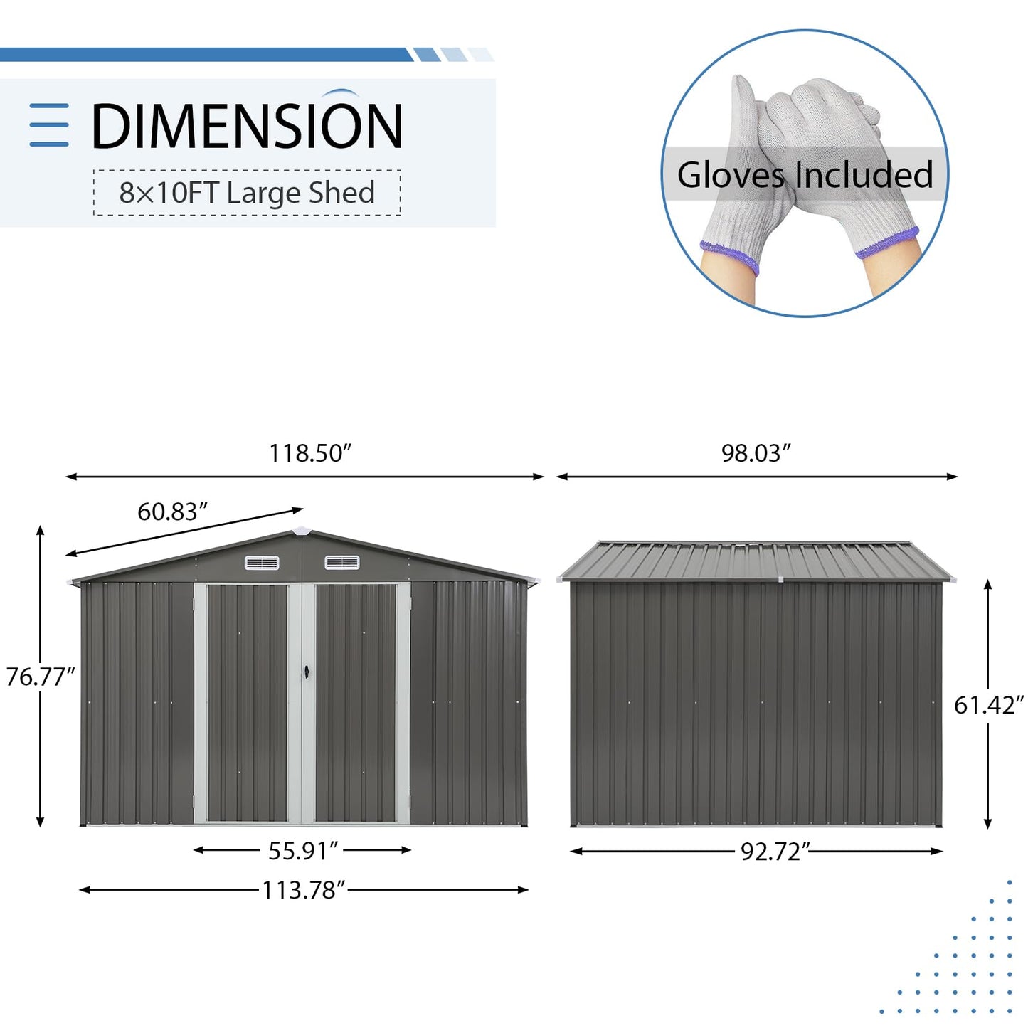 Verano Garden 10x8 FT Outdoor Storage Shed, Galvanized Steel Metal Garden Shed, Double Door W/Lock, Outdoor Storage Tool House for Backyard, Patio, Lawn 8’x10’ Gray