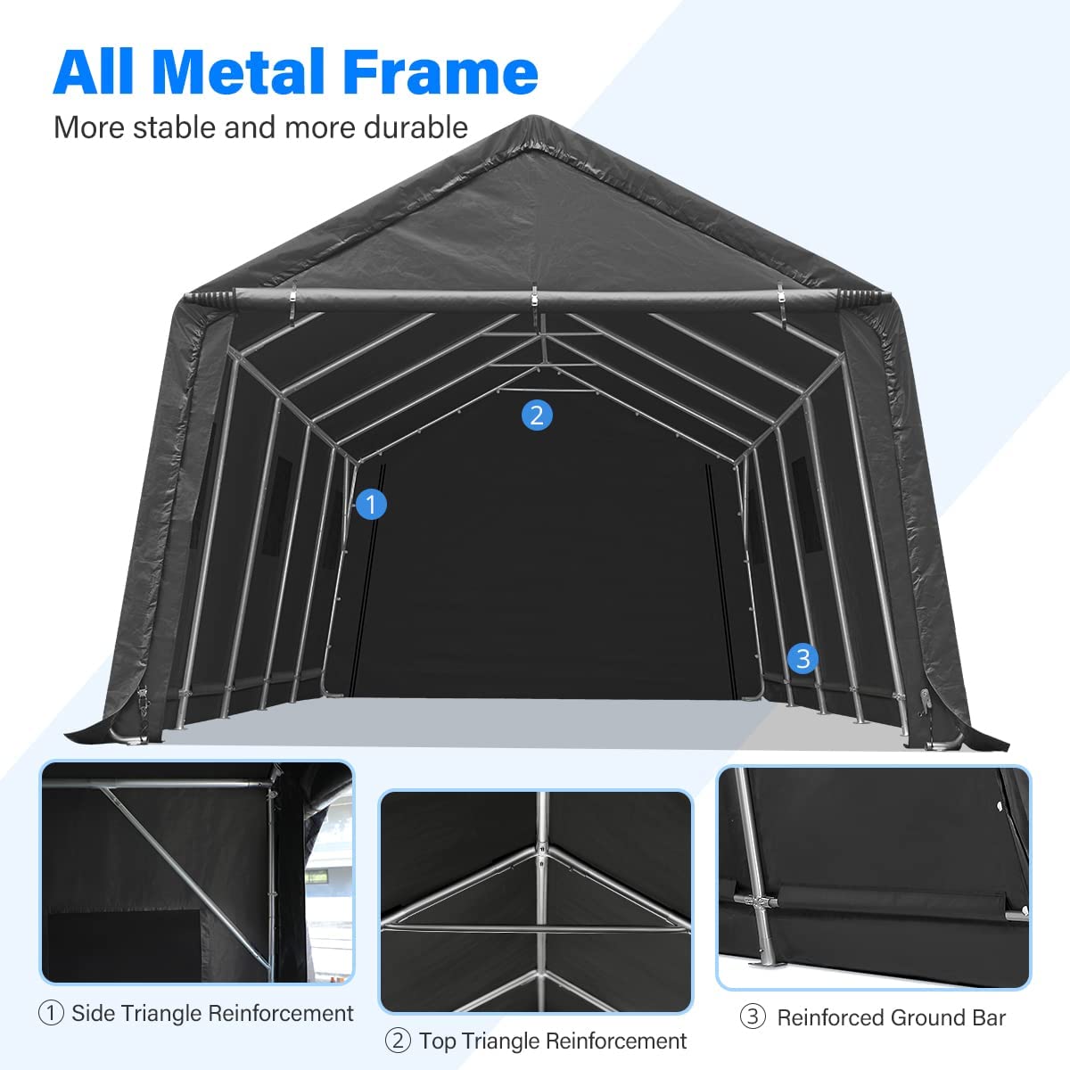 ADVANCE OUTDOOR Tente de garage de 4,3 x 6,1 m avec 2 portes enroulables et aérations, abri de rangement extérieur portable pour véhicule, camion, bateau, anti-UV, résistant à la neige, imperméable, gris (8809DGY) 13' x 20' gris foncé