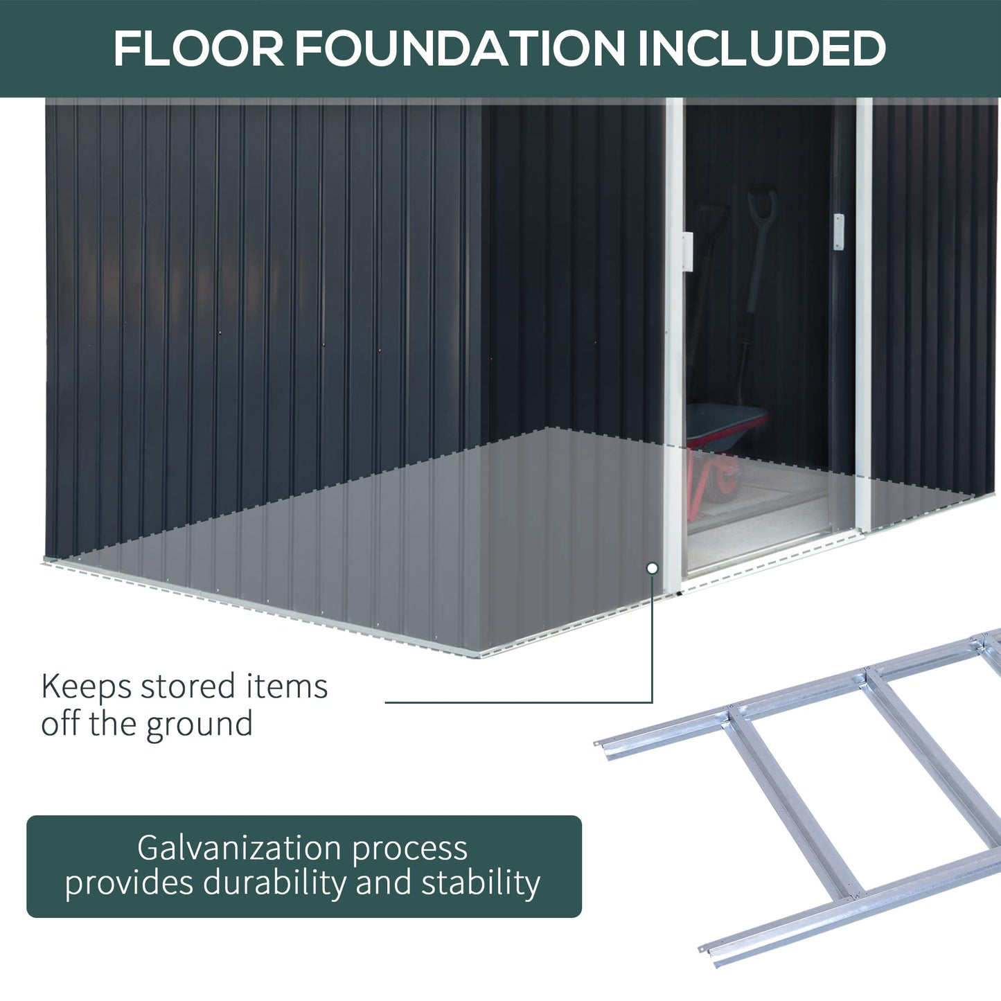 Outsunny 9' x 6' Metal Storage Shed, Garden Tool House with Floor Foundation, Double Sliding Doors, 4 Air Vents for Backyard, Patio, Lawn, Dark Grey 9' x 6'