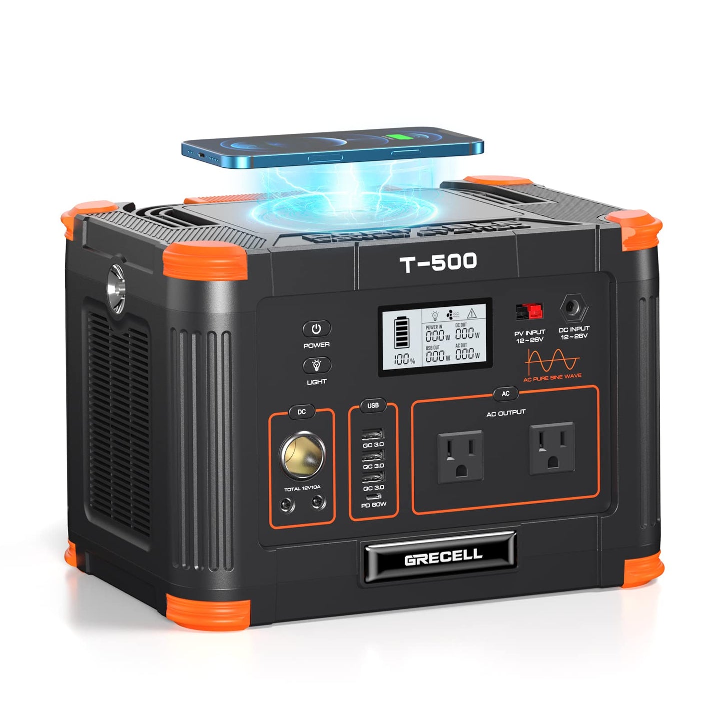 GRECELL T-500 Portable Power Station 500W, 519Wh/140400mAh Solar Generator