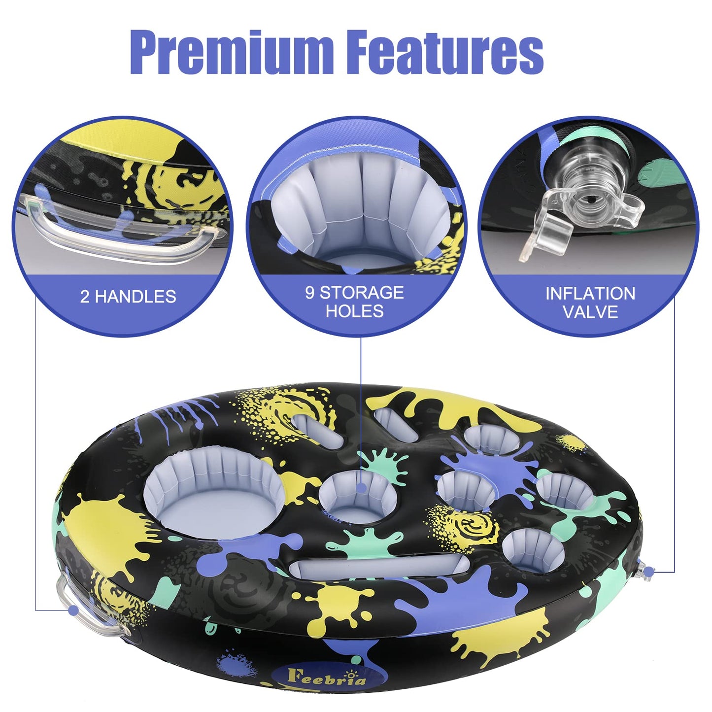FEEBRIA Inflatable Floating Drink Holder with 9 Holes Large Capacity Drink Float for Pools & Hot Tub (Black&Yellow) Black&Yellow