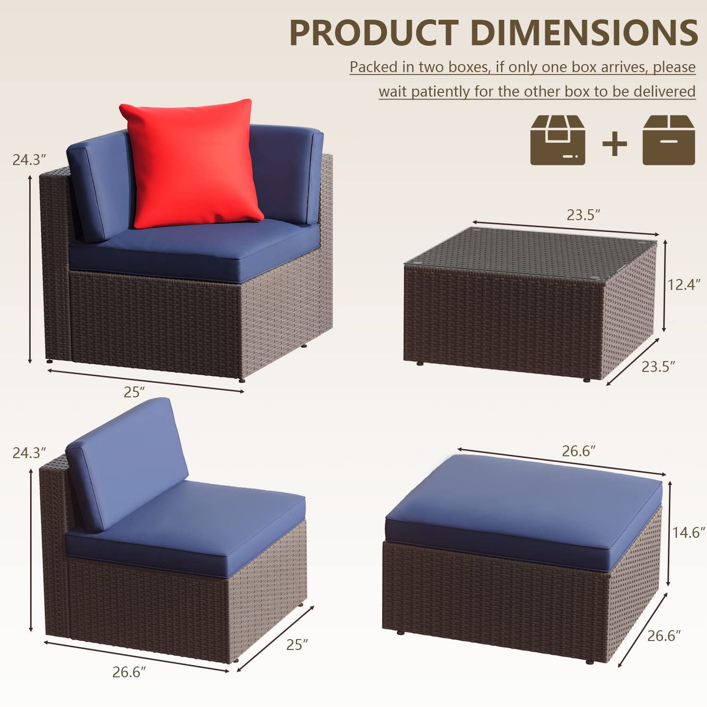 Greesum Patio Furniture Sets 5 Piece Outdoor Wicker Rattan Sectional Sofa with Cushions, Pillows & Glass Table, Dark Blue 5 Pieces