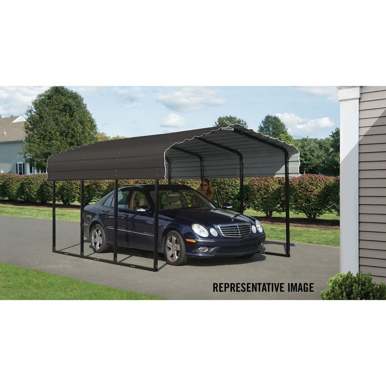 Arrow CPHC102907 Abri multi-usage en acier galvanisé robuste, abat-jour, abri d'auto, 10' x 29' x 7', abri d'auto uniquement, charbon de bois 10' x 29' x 7'