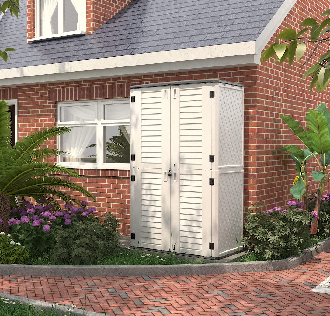 Kinying Armoire de rangement extérieure, hangar de rangement vertical parfait pour ranger les meubles de patio, les accessoires d'outils de jardin, les vélos, les chaises de plage et la tondeuse à gazon, 4 x 2,5 pieds blanc cassé-02B