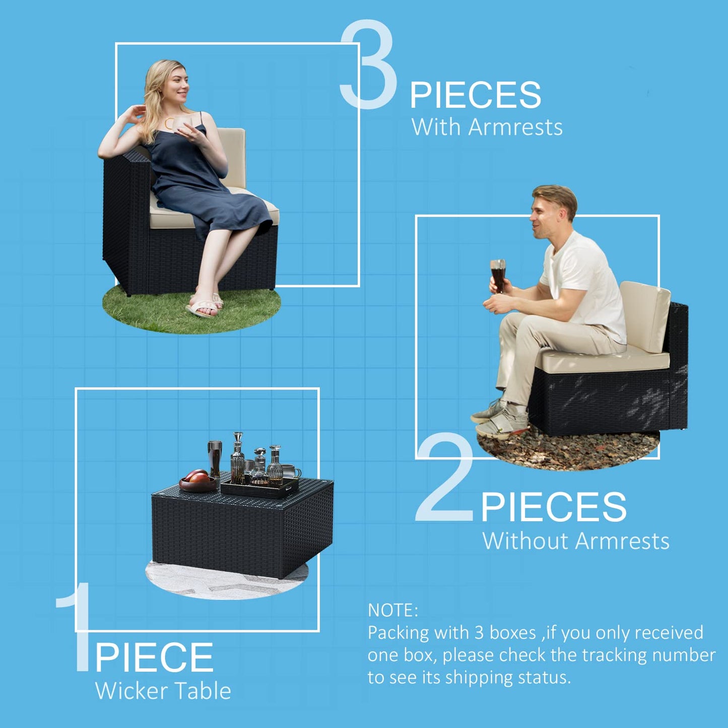 Greesum Patio Furniture Sets 6 Piece Outdoor Wicker Rattan Sectional Sofa with Cushions, Pillows & Glass Table, Beige 6 Pieces