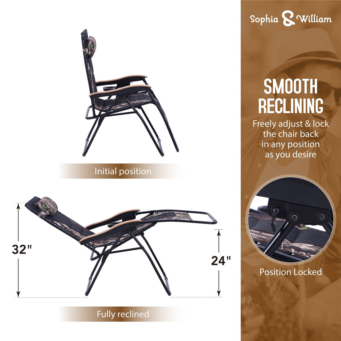 Sophia & William Oversize Zero Gravity Chair, Padded Recliner with Free Cup Holder, Supports 400 LBS (Camouflage) 1 Pack Camouflage