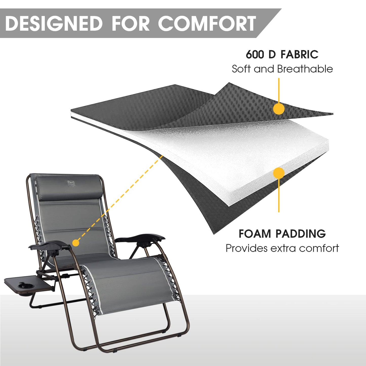 TIMBER RIDGE XXL Oversized Zero Gravity Chair, Full Padded Patio Lounger with Side Table, 33”Wide Reclining Lawn Chair, Support 500lbs(Gray) Grey-new