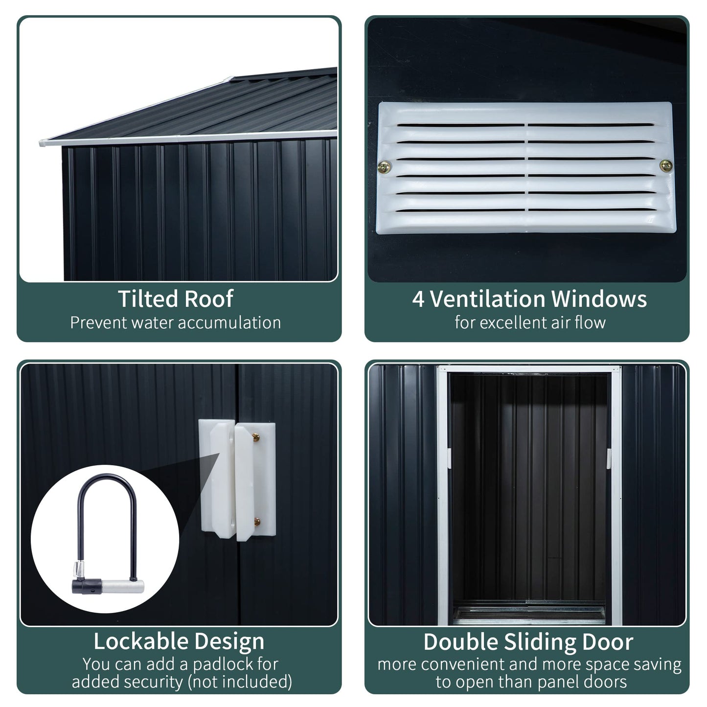 Outsunny 9' x 6' Metal Storage Shed, Garden Tool House with Floor Foundation, Double Sliding Doors, 4 Air Vents for Backyard, Patio, Lawn, Dark Grey 9' x 6'