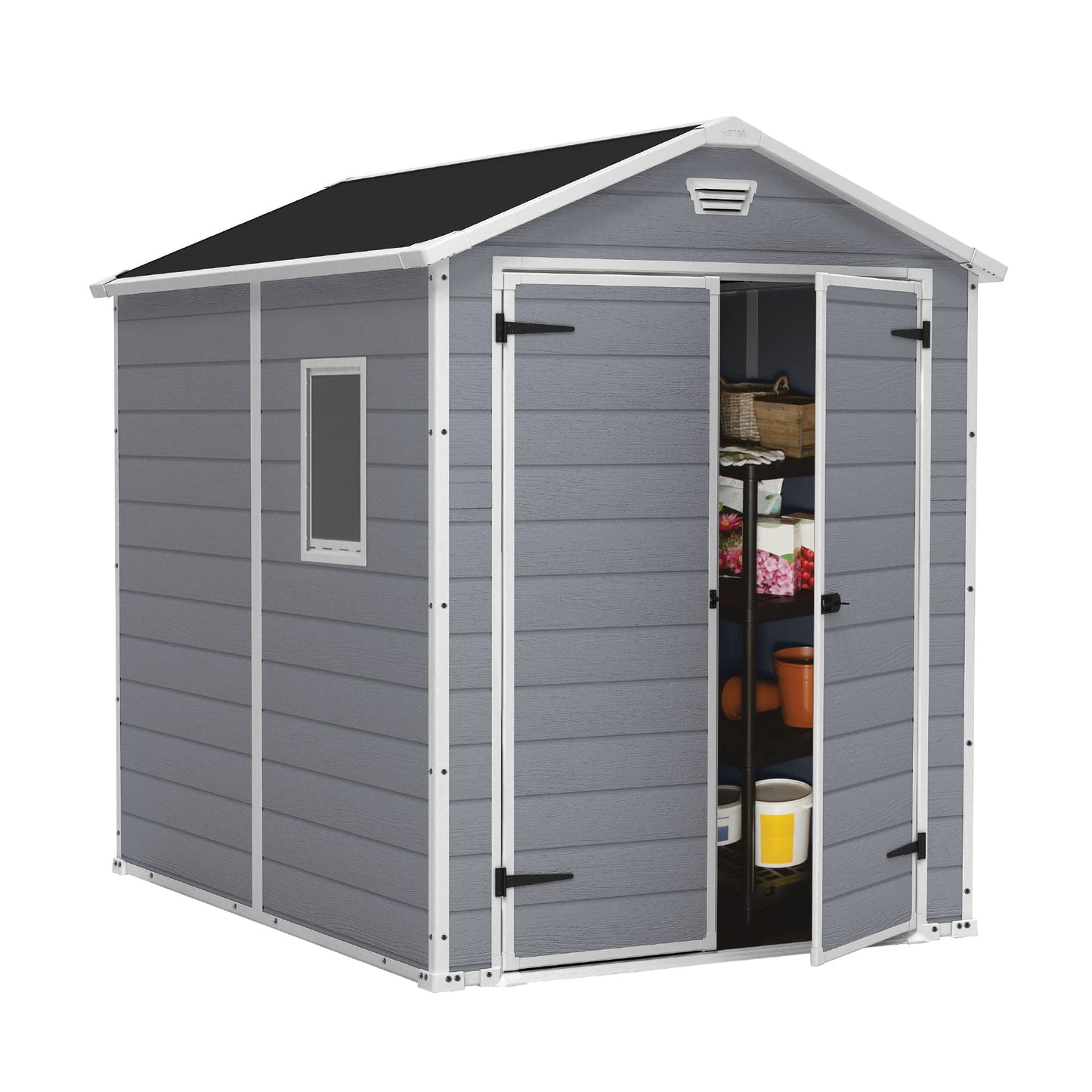 Keter Manor Kit d'abri de rangement extérieur en résine 6 x 8 - Parfait pour ranger les meubles de terrasse, les outils de jardin, les accessoires de vélo, les chaises de plage et la tondeuse à gazon, gris et blanc