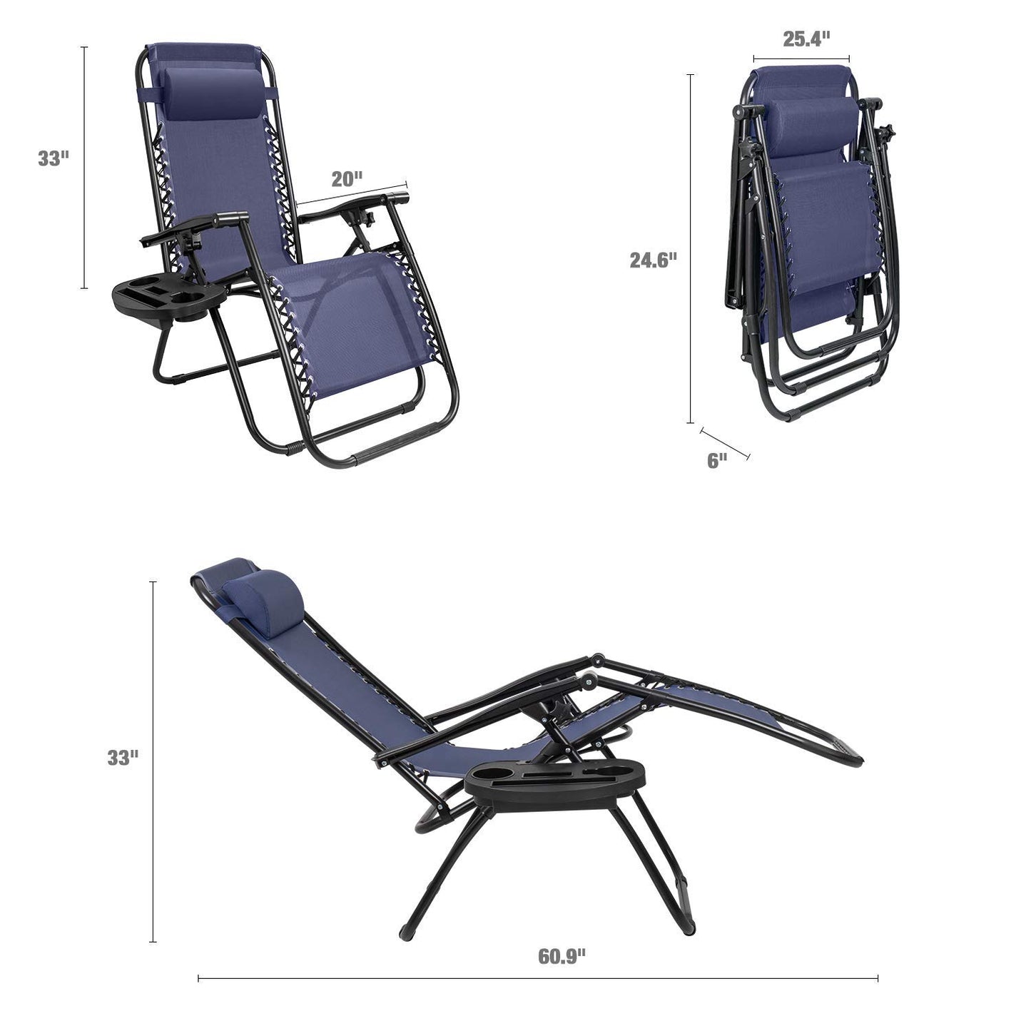 GUNJI Zero Gravity Chair Outdoor Lawn Folding Lounge Chairs Adjustable Reclining Patio Chairs Set of 2 with Cup Holder Lounge Gravity Chairs for Poolside, Backyard, Beach and Camping (Blue) Blue