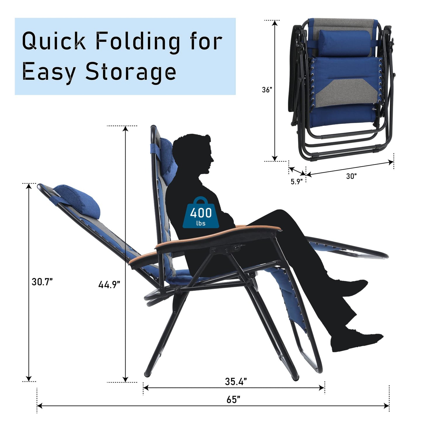 PHI VILLA Oversize XL Padded Zero Gravity Lounge Chair Wide Armrest Adjustable Recliner with Cup Holder, Support 400 LBS (Thumb Blue) Thumb Blue-oversized 1-Pack