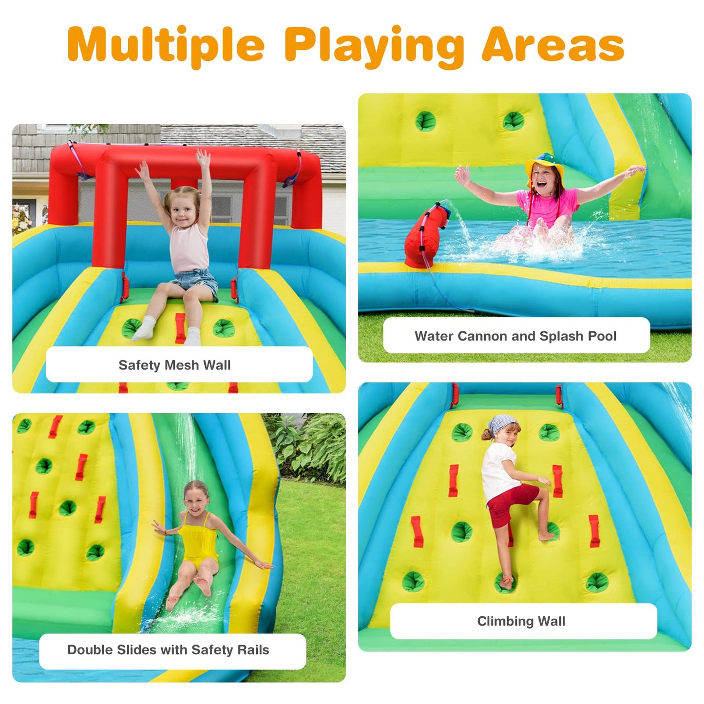 HONEY JOY Inflatable Water Slide, Giant Kids Water Park w/ 2 Long Slides & Climbing Wall, Water Hoses & Cannon, Large Splash Pool, Outdoor Blow Up Waterslides for Backyard(with 750w Blower) With 750w Blower