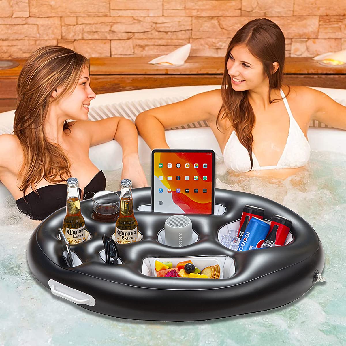 LRIGYEH Pool Accessories Inflatable Floating Drink Holder with 9 Holes Capacity Drink Float for Pools & Beach, Hot Tub Accessories Black