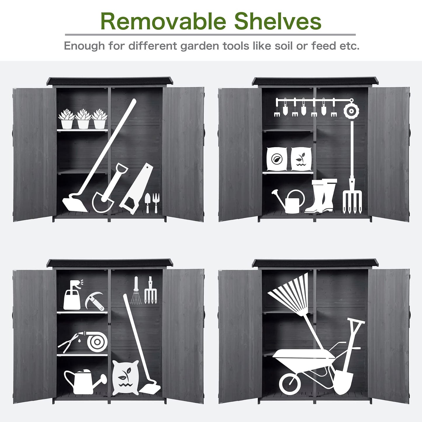 Armoire de rangement extérieure en bois étanche, abri de jardin avec étagères à 3 niveaux, abri vertical extérieur avec 2 portes doubles, bois de sapin, 2 serrures et poignées, gris 55 x 20 x 64 gris-1