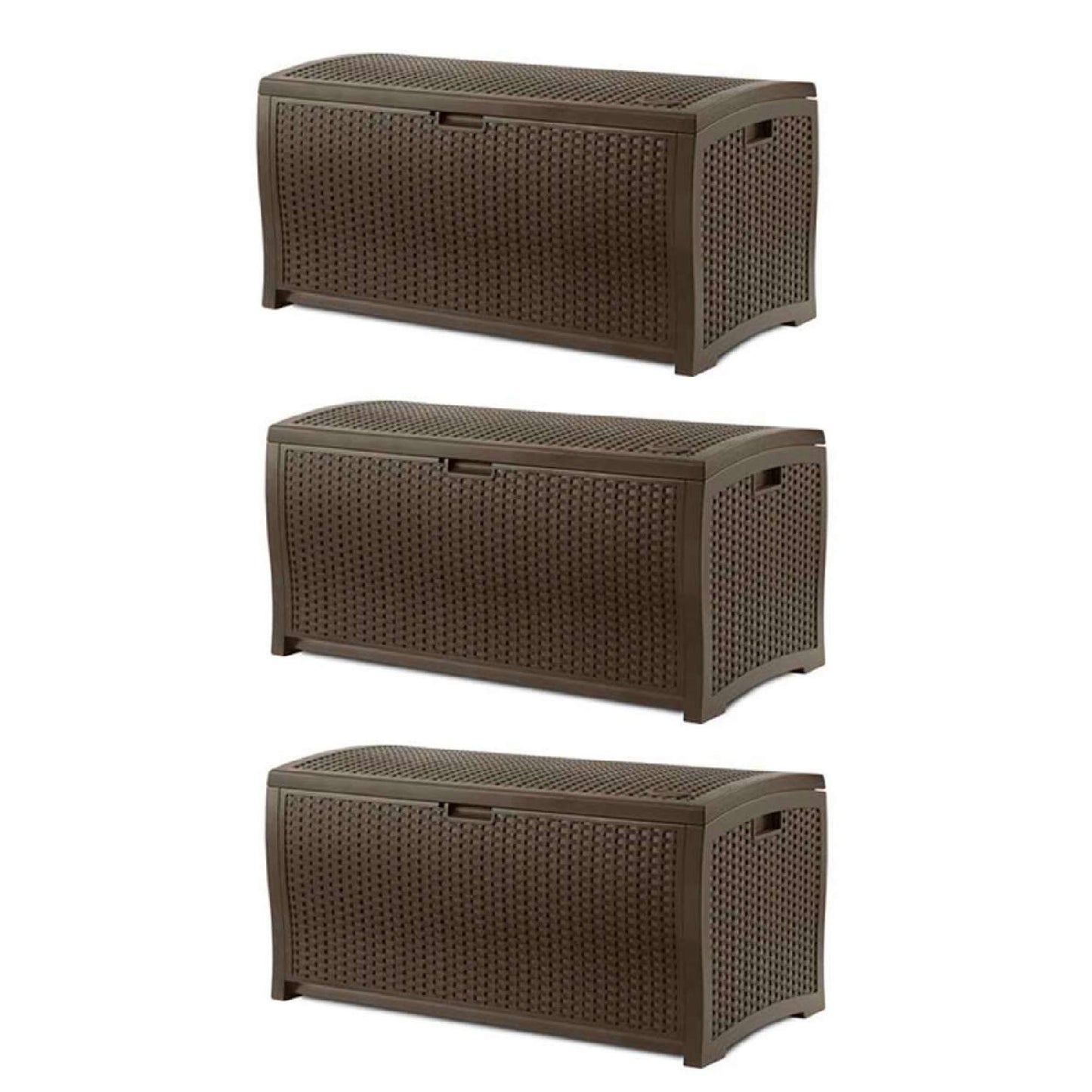 Suncast Boîte de rangement pour terrasse extérieure en osier de résine imperméable de 73 gallons, paquet de 3 boîtes de terrasse (paquet de 3)