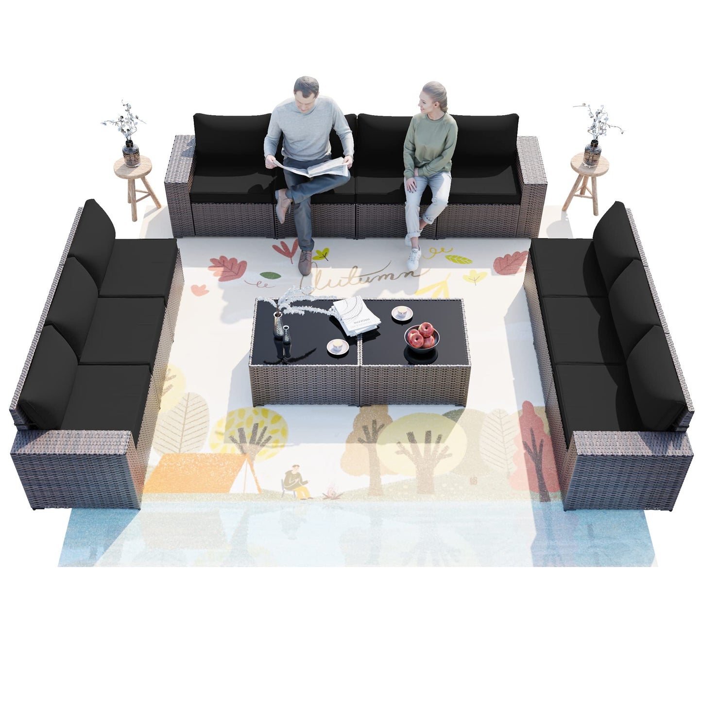 ALAULM 12 Pieces High-back Sofas Outdoor Patio Furniture Set, Sectional Sofa Sets