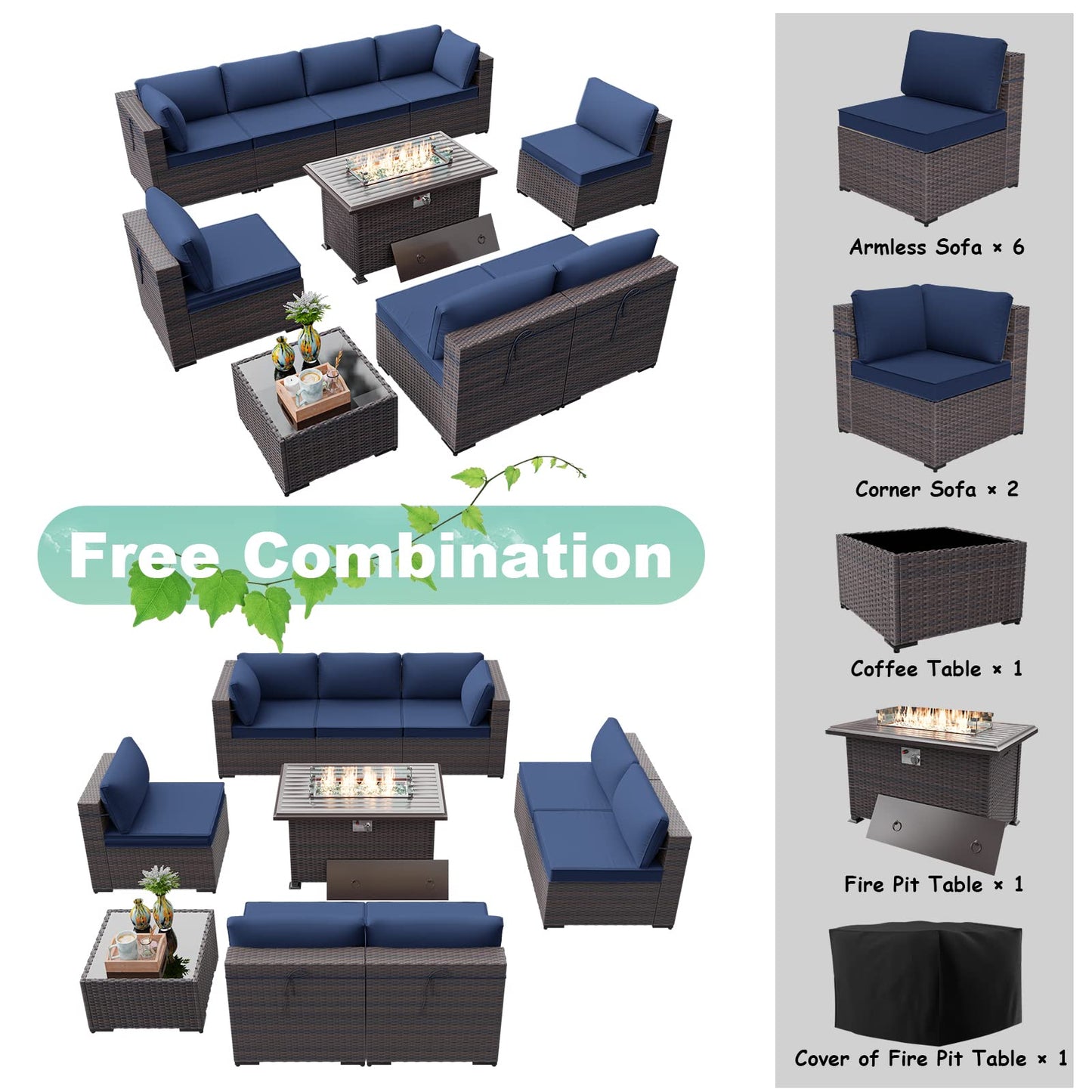 ALAULM 10 Pieces Patio Furniture Set with Propane Fire Pit Table Patio Sectional Outdoor Furniture