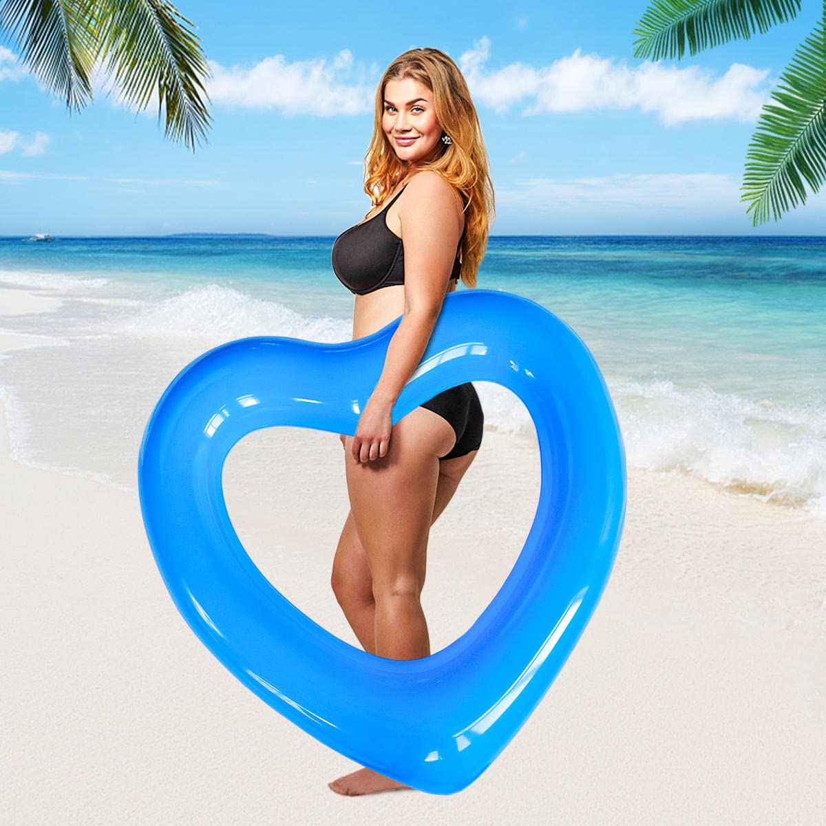 SUNSHINE-MALL Inflatable Swim Rings, Heart Shaped Swimming Pool Float Loungers Tube, Water Fun Beach Party Toys for Kids, Adults Blue,Gold