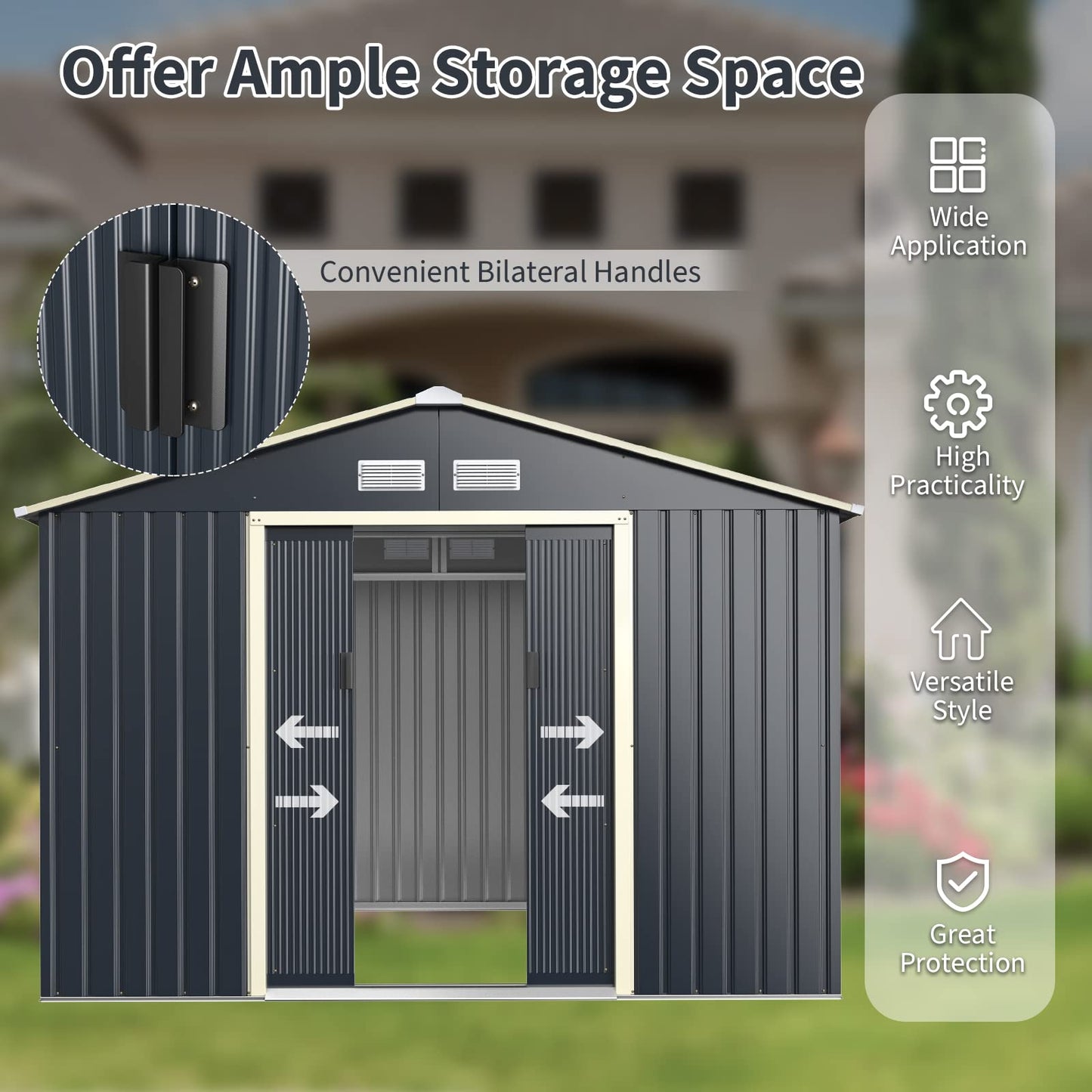 Goplus Outdoor Storage Shed, 9' X 8' Metal Garden Shed with 4 Vents & Double Sliding Door, Utility Tool Shed Storage House for Backyard, Patio, Lawn 9'X8'
