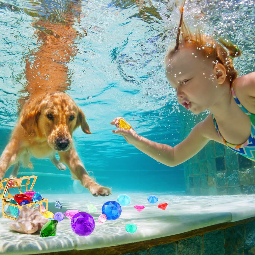 YUJUN Diving Gem Pool Toys 10 Colorful Big Diamond Gem with Treasure Pirate Chest Box Summer Underwater Acrylic Gemstones Set for Kids Swimming Pool Party Favors Assorted