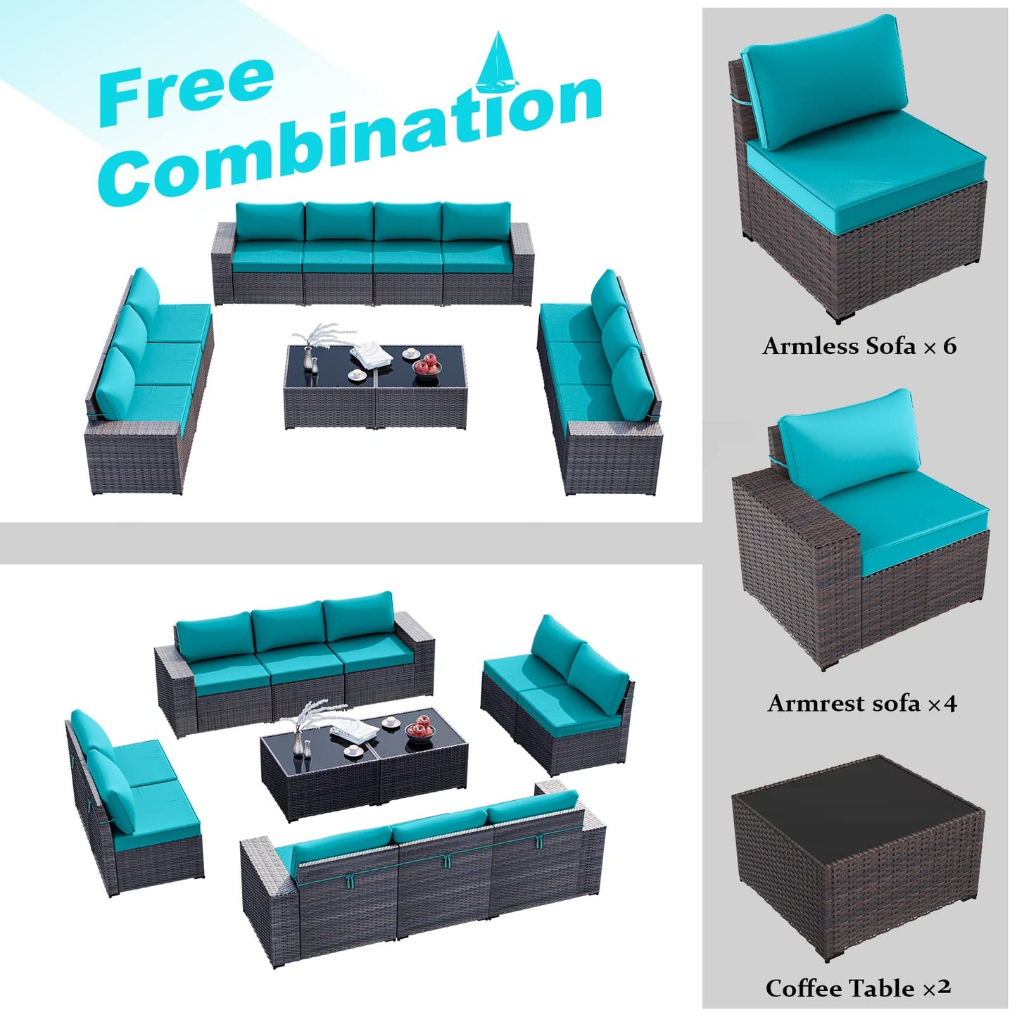 ALAULM 12 Pieces High-back Sectional Sofa Sets Outdoor Patio Furniture - Blue