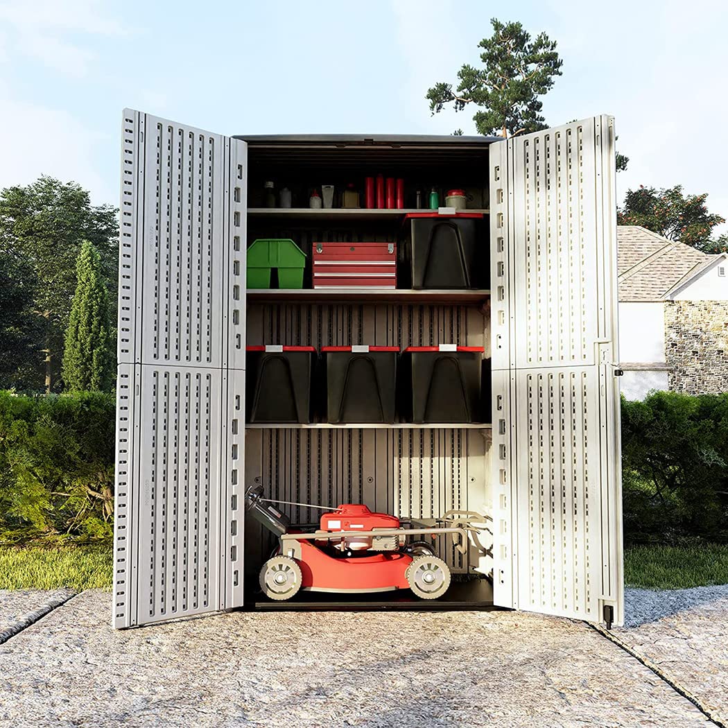 KINYING Abri de rangement extérieur étanche, armoire de rangement verticale en résine à double couche, polyvalente pour ranger les meubles de patio, les outils de jardin, les accessoires de piscine, la tondeuse (52 pieds cubes, blanc) Blanc crème-01A
