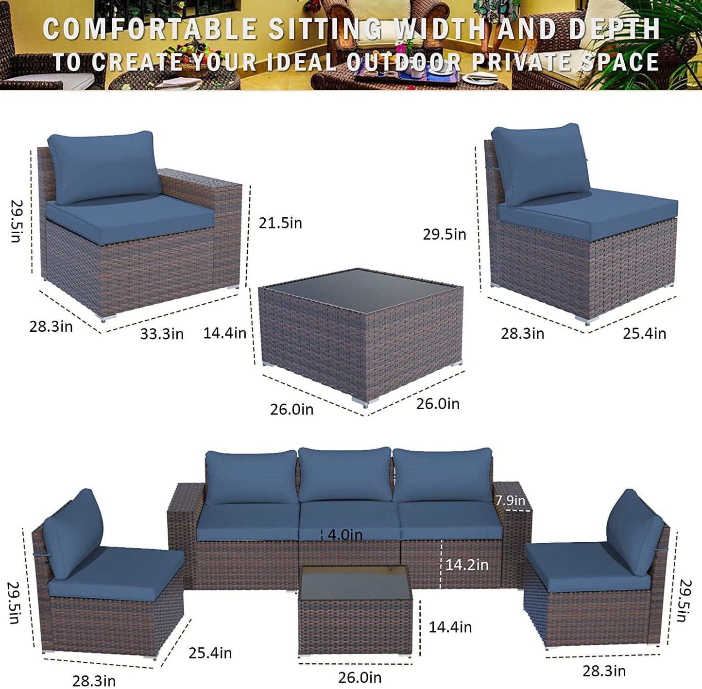 ALAULM Patio Furniture Sets 6 Pieces Patio Sectional Outdoor Furniture Patio Sofa Chairs Set - Dark Blue