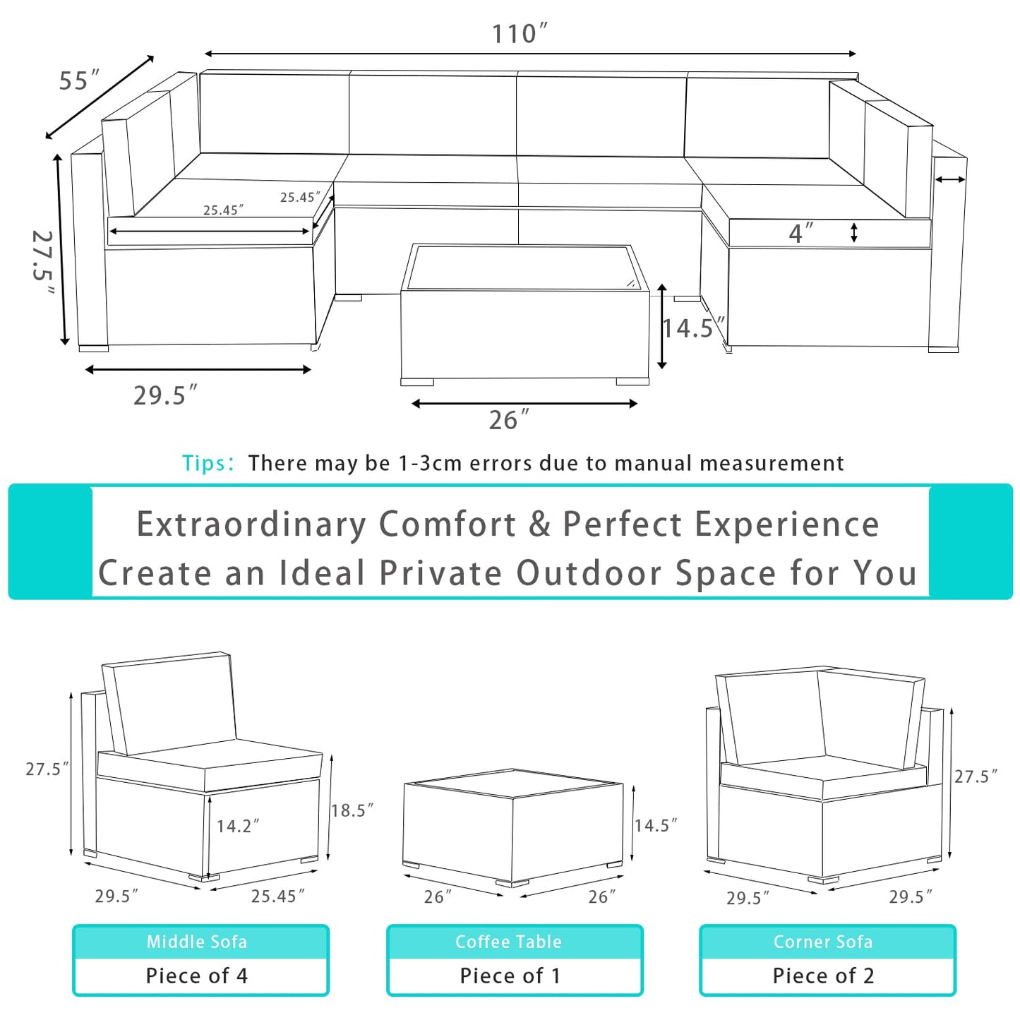 ALAULM 7 Piece Outdoor Patio Furniture Sets, Patio Furniture Outdoor Sectional Sofa - Blue